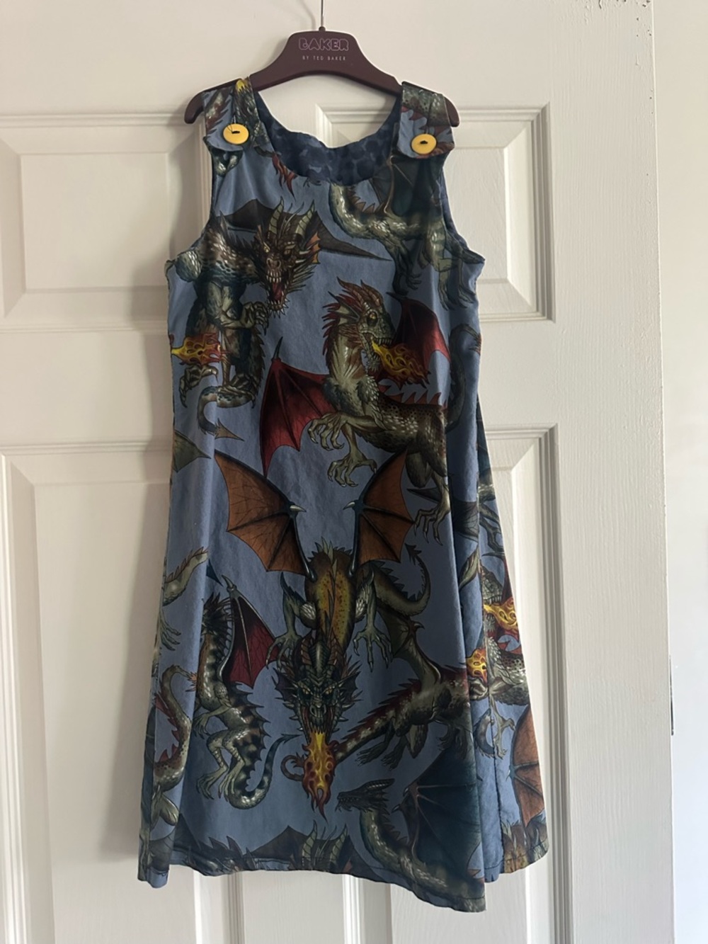 Handmade Etsy Kids Dragon Print Blue Dress with Button Straps Age 8
